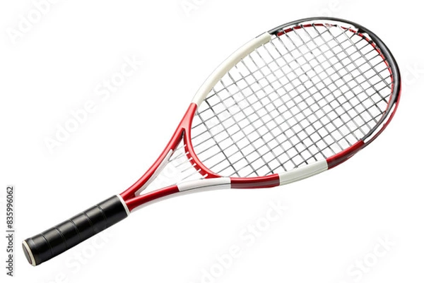 Fototapeta High-quality tennis racket with black grip and red, white design. Suitable for professional and casual games, enhancing performance and style.