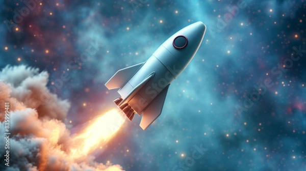 Obraz A white rocket is shown launching through the air, in a futuristic retro style with a realistic use of light and color in light red and azure.