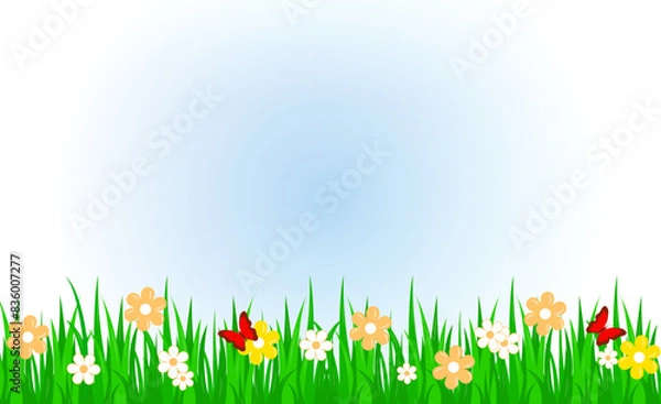 Fototapeta Universal nature background with grass, flowers, butterflies with copy space.