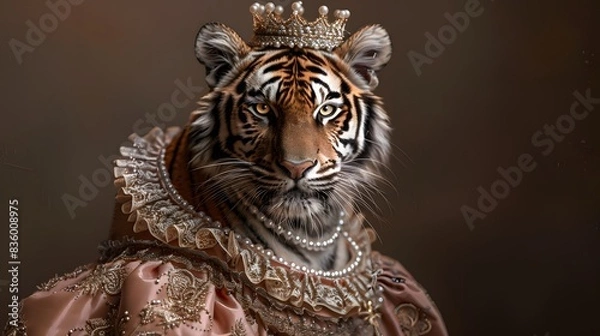 Fototapeta tiger queen in fancy clothes with pearls and curls

