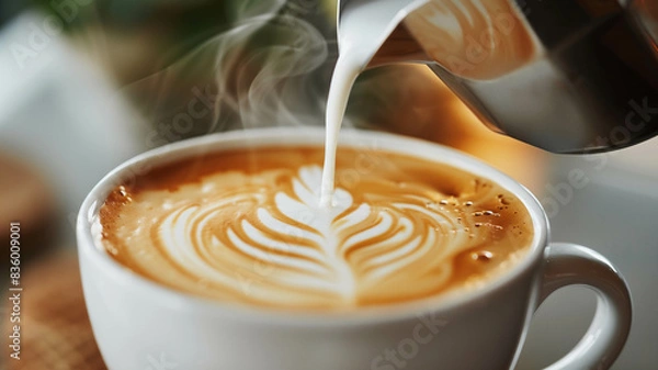 Fototapeta A perfectly crafted latte with detailed art being created as milk is poured into the espresso, emphasizing the steam and precision. Ai generated