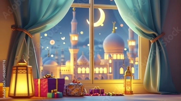Obraz Cartoon style with a cozy interior by the window. In the background there is a mosque, visible from the window, with a glowing lantern