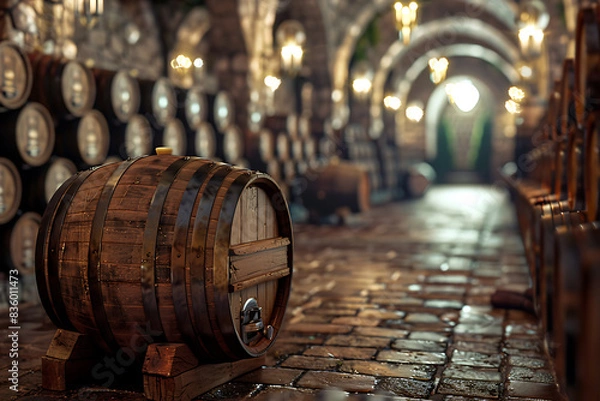 Fototapeta A wine barrel in a wine cellar filled with numerous other barrels, showcasing a rich collection of aging wine.