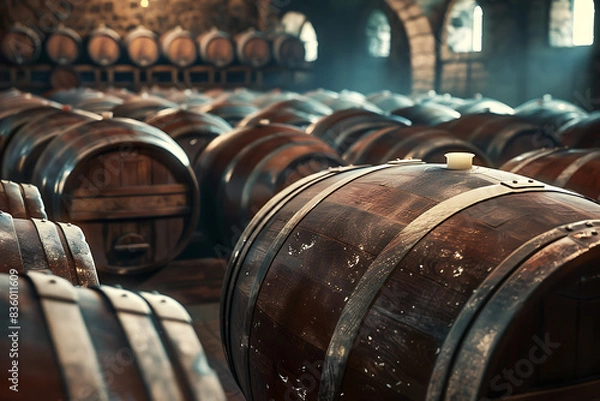Fototapeta A wine barrel in a wine cellar filled with numerous other barrels, showcasing a rich collection of aging wine.