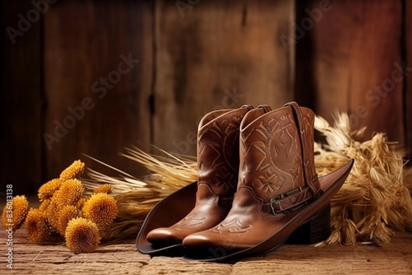 Fototapeta Country music festival live concert or rodeo with cowboy hat and boots in barn background