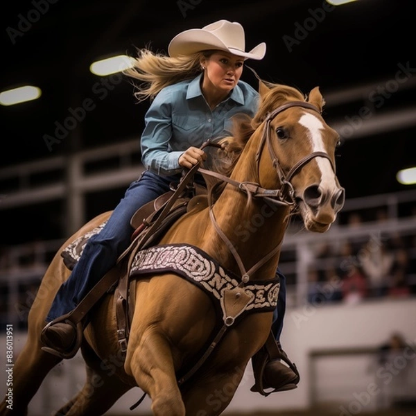 Fototapeta Cowgirl on horseback in the rodeo arena