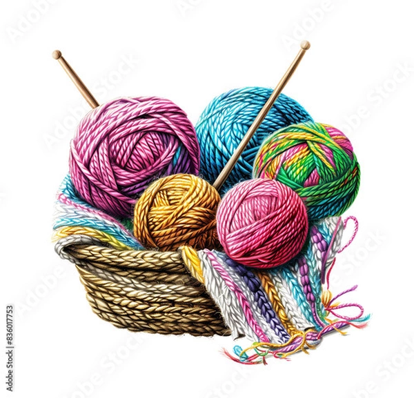 Obraz Colorful yarn balls in a woven basket with knitting needles and a partial knit project, perfect for cozy crafting inspiration.