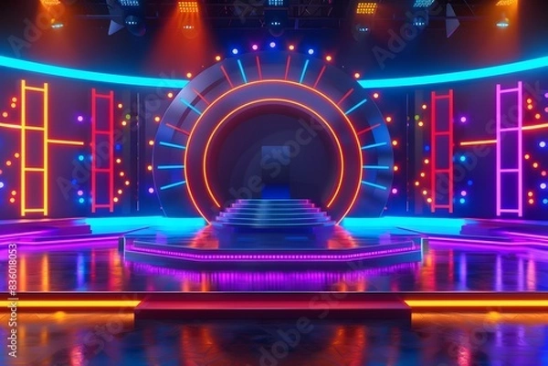 Fototapeta Exciting TV Show Stage with Colorful Lights and Archway
