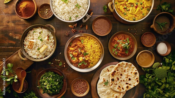 Fototapeta Assorted indian food like rice roti gravy paneer dal etc on wooden table top view 