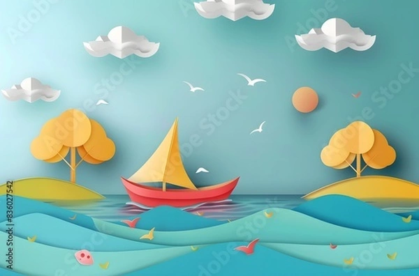 Fototapeta origami art of Fun Paper Boat for Kids to Float on Rivers
