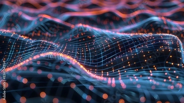 Fototapeta Luminous Waves of Interconnected Digital Energy Flowing Through a Futuristic Landscape