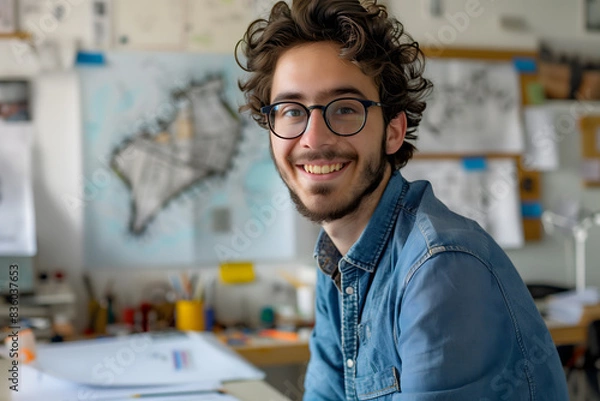 Fototapeta Young American architect smiling in the architecture studio