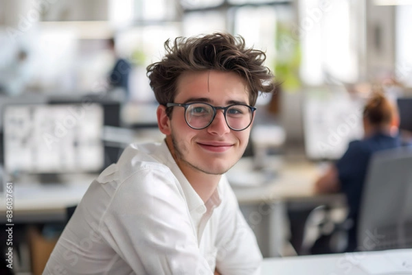 Fototapeta Young American architect smiling in the architecture studio