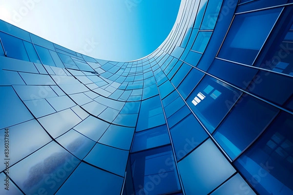 Fototapeta Architectural detail in low-angle shot of a modern, curved glass building