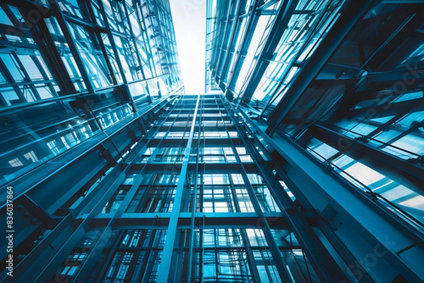 Fototapeta Architectural detail in low-angle shot of a modern glass building