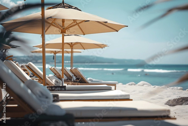 Fototapeta Sunbathers with open parasols on a sunny day at the beach