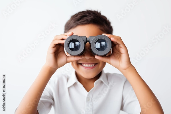 Fototapeta A young surprised smiling boy in white clothes looks into binoculars, on a white background. Searching and exploring with a joyful expression. Generative AI