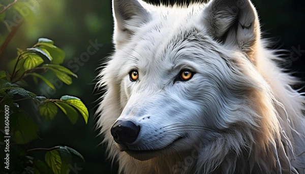 Obraz White wolf face side view high detailed in green leaves 