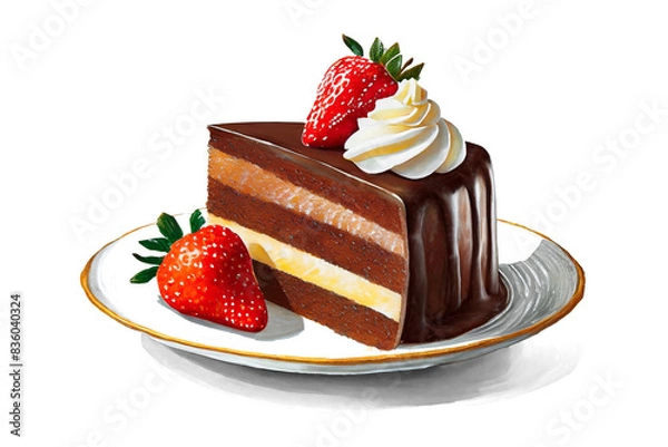 Fototapeta 苺とチョコレートのデコレーションケーキのイラスト　白背景の切り抜き