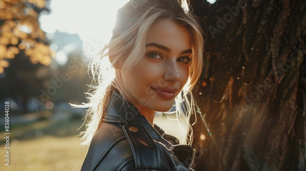 Fototapeta Portrait of a smiling young woman by a tree, bathed in warm sunset light