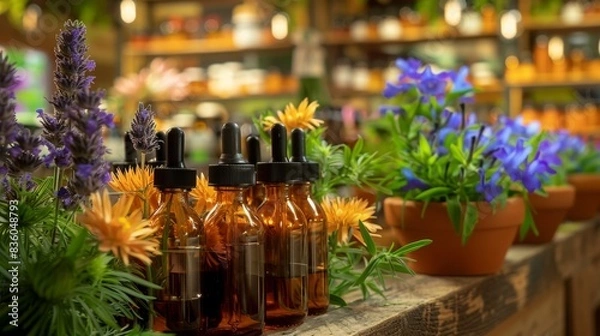 Fototapeta Herbal apothecary with essential oil bottles and fresh flowers, creating a natural and holistic ambiance. Concept of wellness, nature, and alternative medicine.
