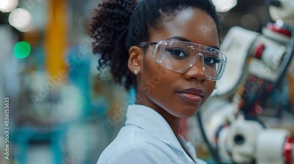 Fototapeta Close-up of Woman and AI Robot Collaborating in Factory Setting, Highlighting Human-Machine Interaction and Future Industrial Synergy in Professional Natural Light