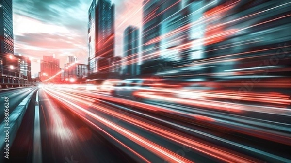 Fototapeta Blurry long exposure of city traffic lights at night, capturing the energy and motion of urban life. Concept of cityscape, speed, and modernity.

