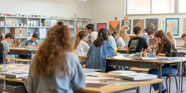 Fototapeta A high school art classroom full of teenage students working on their art projects, the room is alive with creativity as they paint and draw in a well-lit space with modern décor.