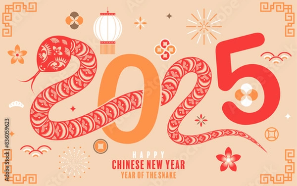 Obraz Happy chinese new year 2025  the snake zodiac sign with flower,lantern,pattern,cloud asian elements flat design style on color background. (Translation : happy new year 2025 year of the snake)
