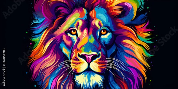 Fototapeta lion head illustration, Ling King Abstract neon multicolored portrait of a Lion king on a dark background Generative AI
