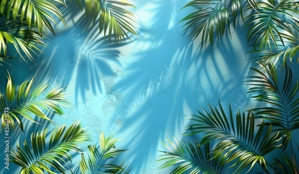 Fototapeta Vibrant tropical leaves casting shadows on a bright blue textured wall, creating a summer ambiance.