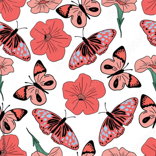 Obraz Butterflies petunia flat design seamless pattern