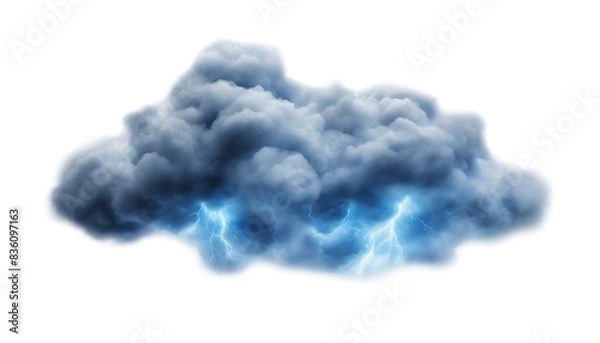 Fototapeta Dramatic thunderstorm cloud with vivid lightning isolate on transparent background, cutout, png