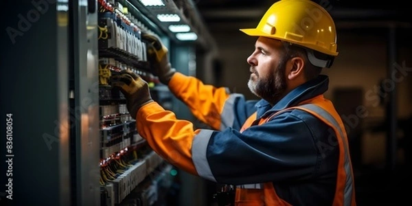 Fototapeta Professional technician using digital multimeter to troubleshoot electrical panel in professional attire. Concept Digital Multimeter, Electrical Troubleshooting, Professional Attire
