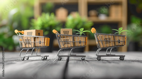 Fototapeta Three miniature shopping carts filled with small cardboard boxes and green plants are arranged in a row on a wooden tabletop. The scene is blurred in the background, suggesting a natural environment