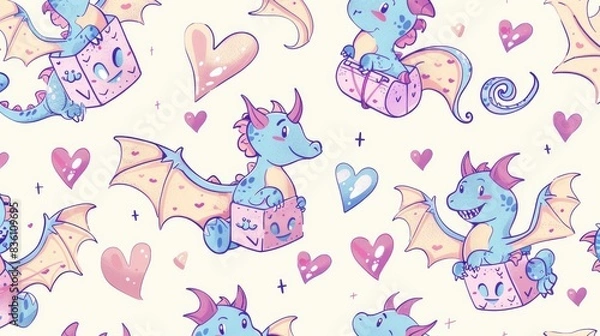 Fototapeta  a pattern of cute cartoon dragons, heart wings and box carriers, enchanted anime designs, fun anime artwork