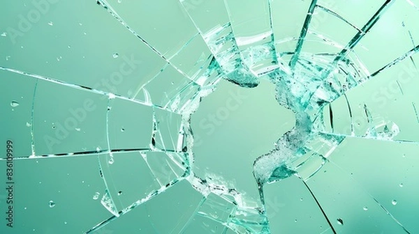 Fototapeta Jagged shards of broken glass with crisp, reflective edges against a plain blue background.