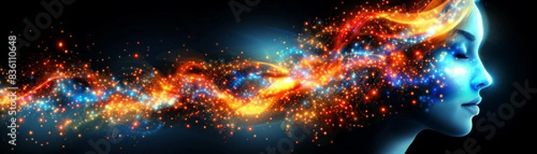 Fototapeta A woman's face is surrounded by a stream of colorful sparks. Concept of energy and excitement, as if the woman is experiencing a burst of creativity or inspiration