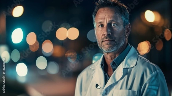 Fototapeta Mature, doctor or face at night by hospital with trust, confidence, and pride while on late medical clinic shift. Graphic portrait, serious or AI-generated healthcare worker on city mockup or bokeh.