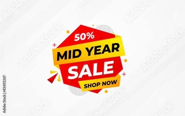 Fototapeta Mid Year Sale banner vector template. New Year Discount vector graphic element. Super shop label Promo design. Product opening festival background collection.