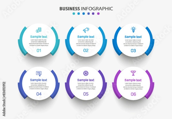 Fototapeta Business vector infographic design template with icons and 6 options or steps. Can be used for process diagram, presentations, workflow layout, banner, flow chart, info graph