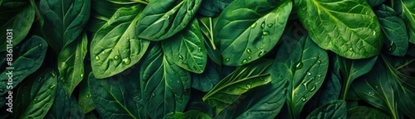 Fototapeta Close-up of lush green leaves with water droplets, showcasing natural beauty and freshness in a serene botanical setting.