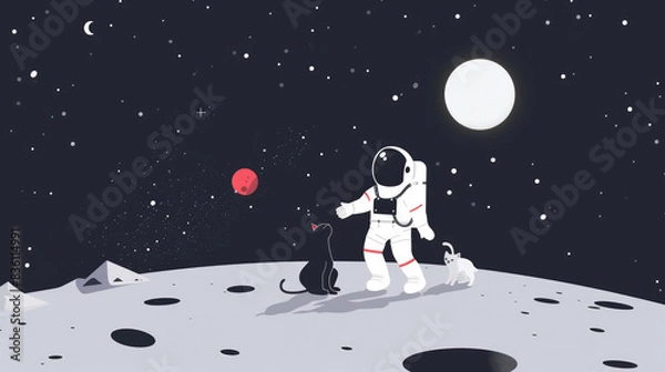 Fototapeta Cats on the Moon - Illustration of an Astronaut Hanging Out with Cats on the Surface of the Moon