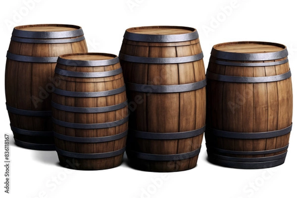 Fototapeta A set of classic wooden barrels isolated on a transparent, white background, ideal for png, representation