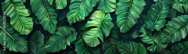 Fototapeta A lush arrangement of vibrant green tropical leaves creating a natural, exotic background. Perfect for nature, botanical, or tropical themes.