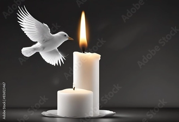 Fototapeta flying dove and white burning candle on black background for obituary notice, funeral announcement, necrology