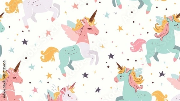 Fototapeta  a pattern of cute cartoon unicorns, square-box flying fairies, hand-drawn enchanted beings, sweet and charming anime prints