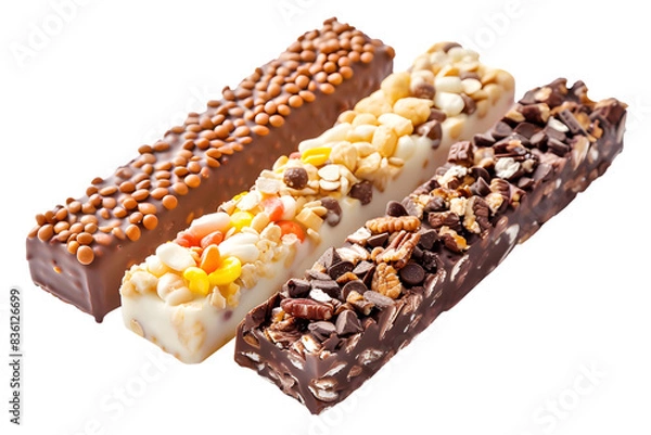 Fototapeta Close-up of three assorted chocolate bars with various toppings, isolated on white background. Perfect for snack or dessert concepts.