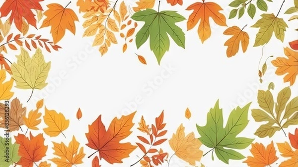 Fototapeta Colorful autumn leaves border on white background, Ai generated
