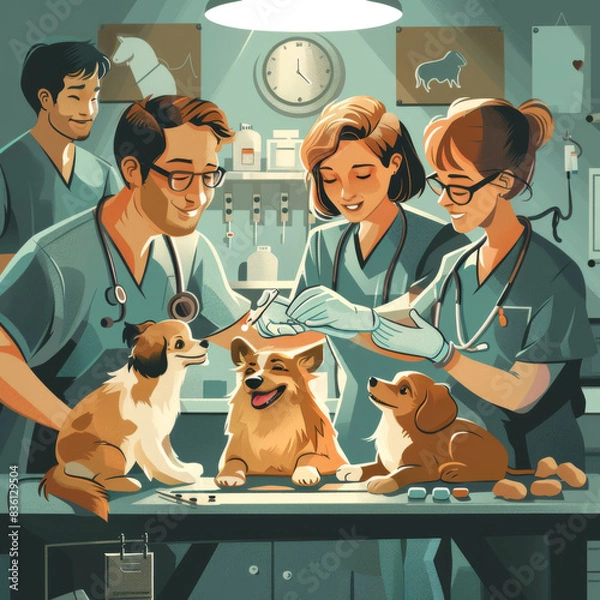 Obraz Veterinary Professionals Administering Advanced Medical Treatment to Pets and Animals - A Collaborative Team of Veterinarians Dedicated to Animal Health in a Modern Clinic Setting, Ai generative
